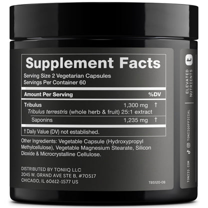 Toniiq Tribulus Terrestris for Men - Ultra High Potency 25:1 Extract with 95% Saponins - 1300mg Pure & Concentrated Formula - Third-Party Lab Tested for Purity & Quality - 120 Capsules