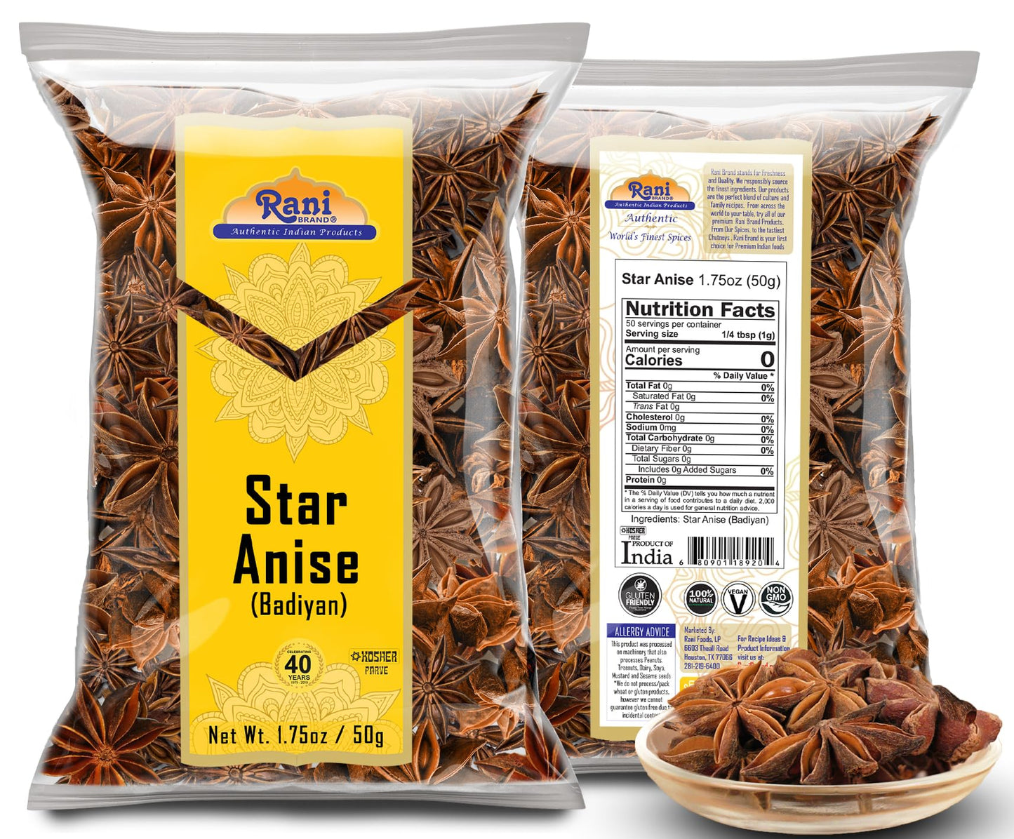 Rani Star Anise Seeds, Whole Pods (Badian Khatai) Spice 1.75oz (50g)~ All Natural | Gluten Friendly | NON-GMO | Kosher | Vegan | Whole Chinese Anise Star Pods Sun Dried Spice, Anis Estrella / Illicium Verum, Widely Used for Baking, Drinks, Cooking...