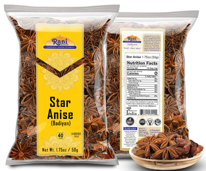 Rani Star Anise Seeds, Whole Pods (Badian Khatai) Spice 1.75oz (50g)~ All Natural | Gluten Friendly | NON-GMO | Kosher | Vegan | Whole Chinese Anise Star Pods Sun Dried Spice, Anis Estrella / Illicium Verum, Widely Used for Baking, Drinks, Cooking...