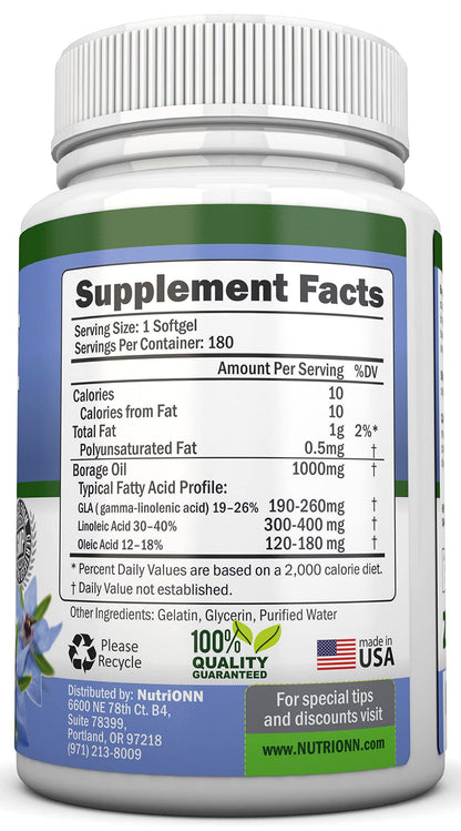 Borage Oil - 1000 mg - 180 Softgels - Cold Pressed High GLA Borage Seed Oil - Hexane and PA Free - Great for Skin, Hair and Bones.