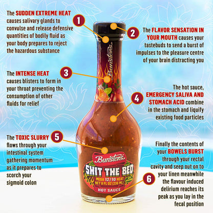 Bunsters Shit The Bed 12/10 Heat Hot Sauce - Chili Pepper with Aussie Fruit and Veg Plant Based, GMO, Gluten Free. The Perfect Hot Sauce Gift.