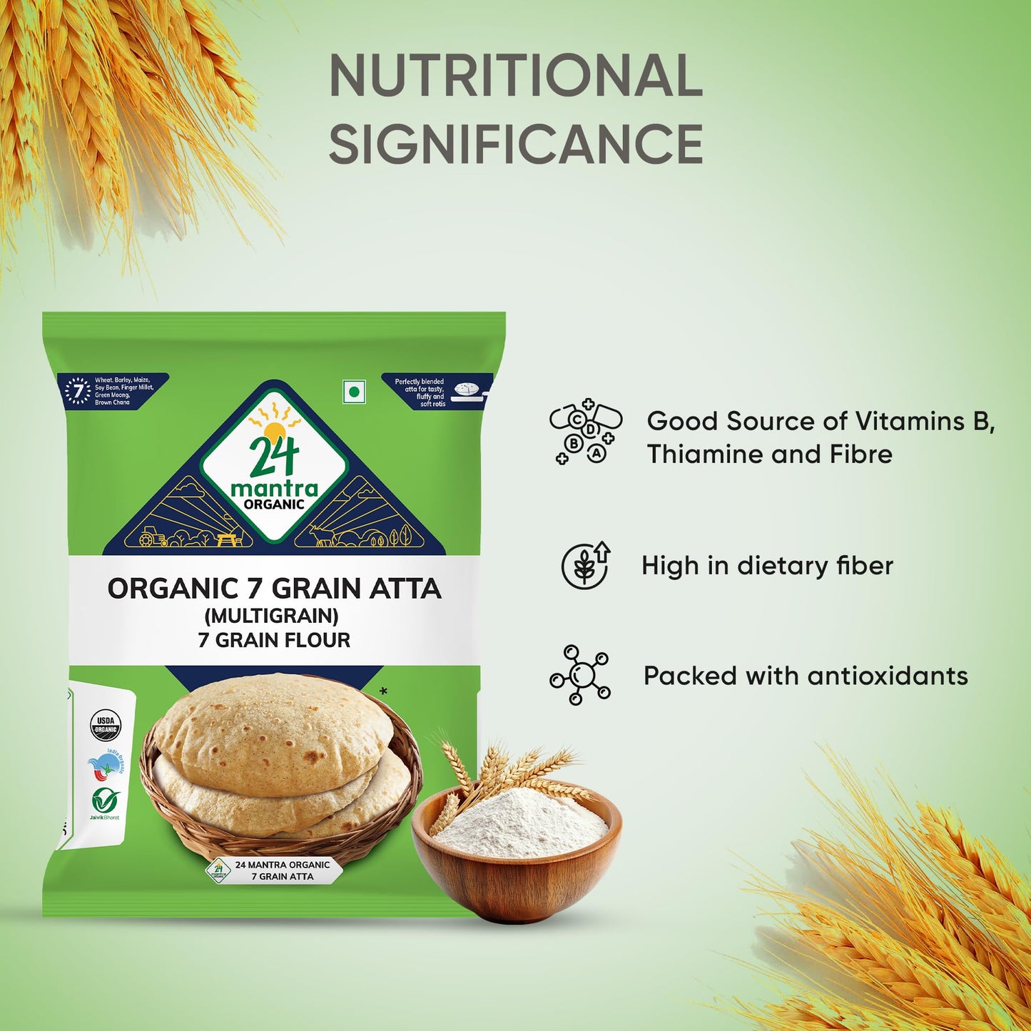 Organic 7 Grain Atta 1Kg/2.2 lb (Wheat, Pearl Millet, Sorghum, Green Mungbean, Barley, Ragi, Soybean) - 24 Mantra Organic
