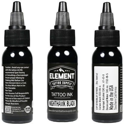 Element Tattoo Supply Nighthawk Black Tattoo Ink - Permanent Solid Black Color for Outlining, Shading & Blending, Professional Grade, Vegan, Non-Toxic & Safe for Human Skin, 1 oz Bottle