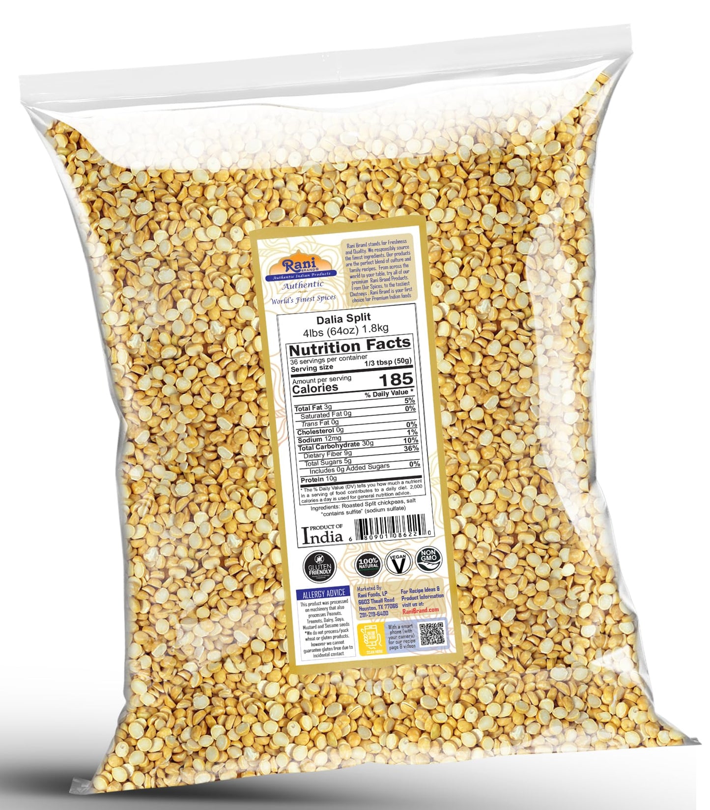 Rani Daliya Split (Roasted Split Chickpeas Dalia) 4lbs (64oz) ~ All Natural | Vegan | Indian Origin
