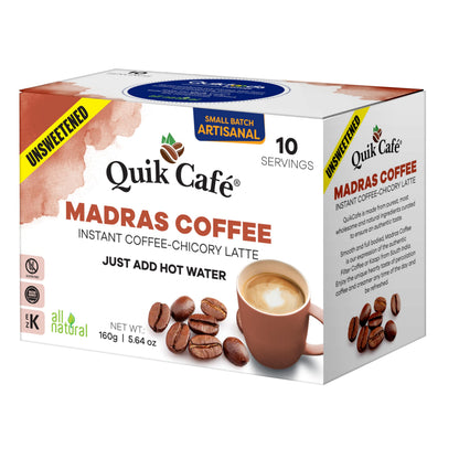 QuikCafé Madras Unsweetened Coffee – 10 Count, Instant Herbal Blend with Natural Ingredients, Caffeine-Light, Preservative-Free – Just Add Hot Water