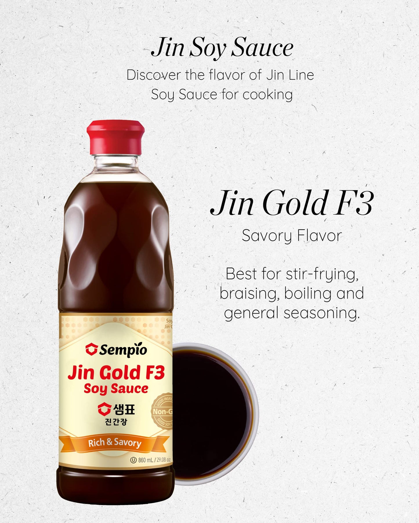 SEMPIO Soy Sauce Jin Gold F3 – Blended for Flavor, Ideal for Stir-fries, Authentic Korean Asian Cuisine, Made in Korea (29.08 fl oz / 860mL, Kosher, Vegan, Non-GMO)