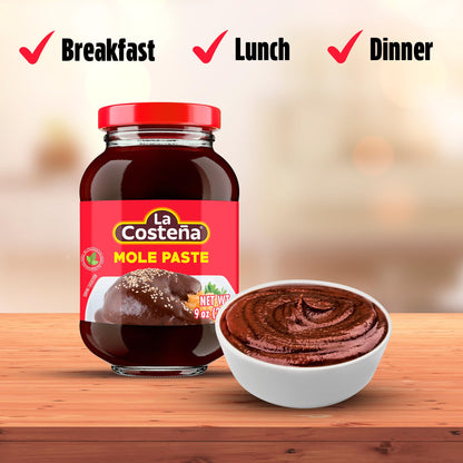 La Costeña Mild Mole Sauce - Traditional Paste with Ancho Chiles, Cacao & Spices - Mexican Food, Enchilada Seasoning, Meat Marinade, Rice, Tamale, Taco, Burger, Comida Mexicana - 9oz, 12 Pack Jar