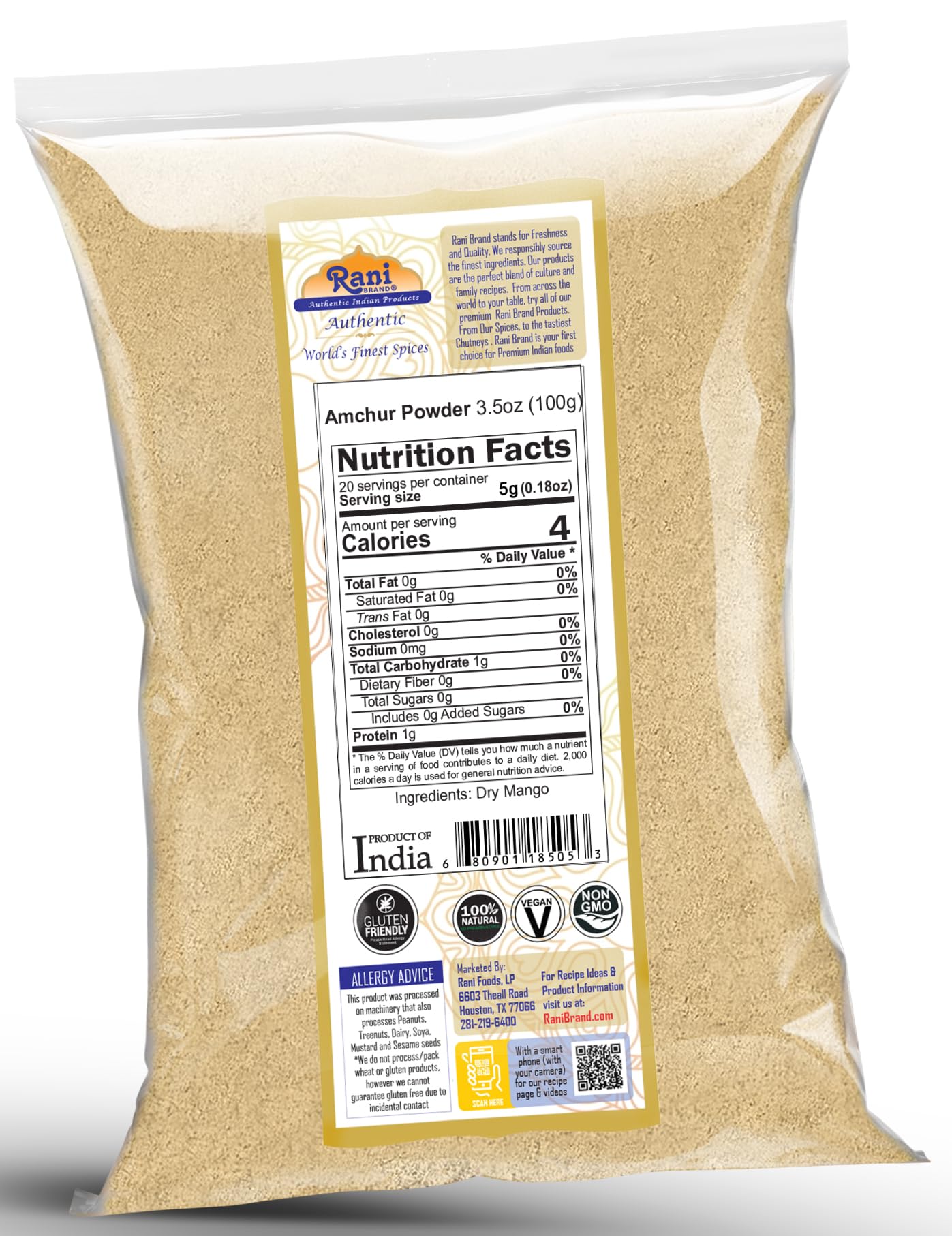 Rani Amchur (Mango) Ground Powder Spice 3.5oz (100g) ~ All Natural, Indian Origin | No Color | Gluten Friendly | Vegan | NON-GMO | Kosher | No Salt or fillers
