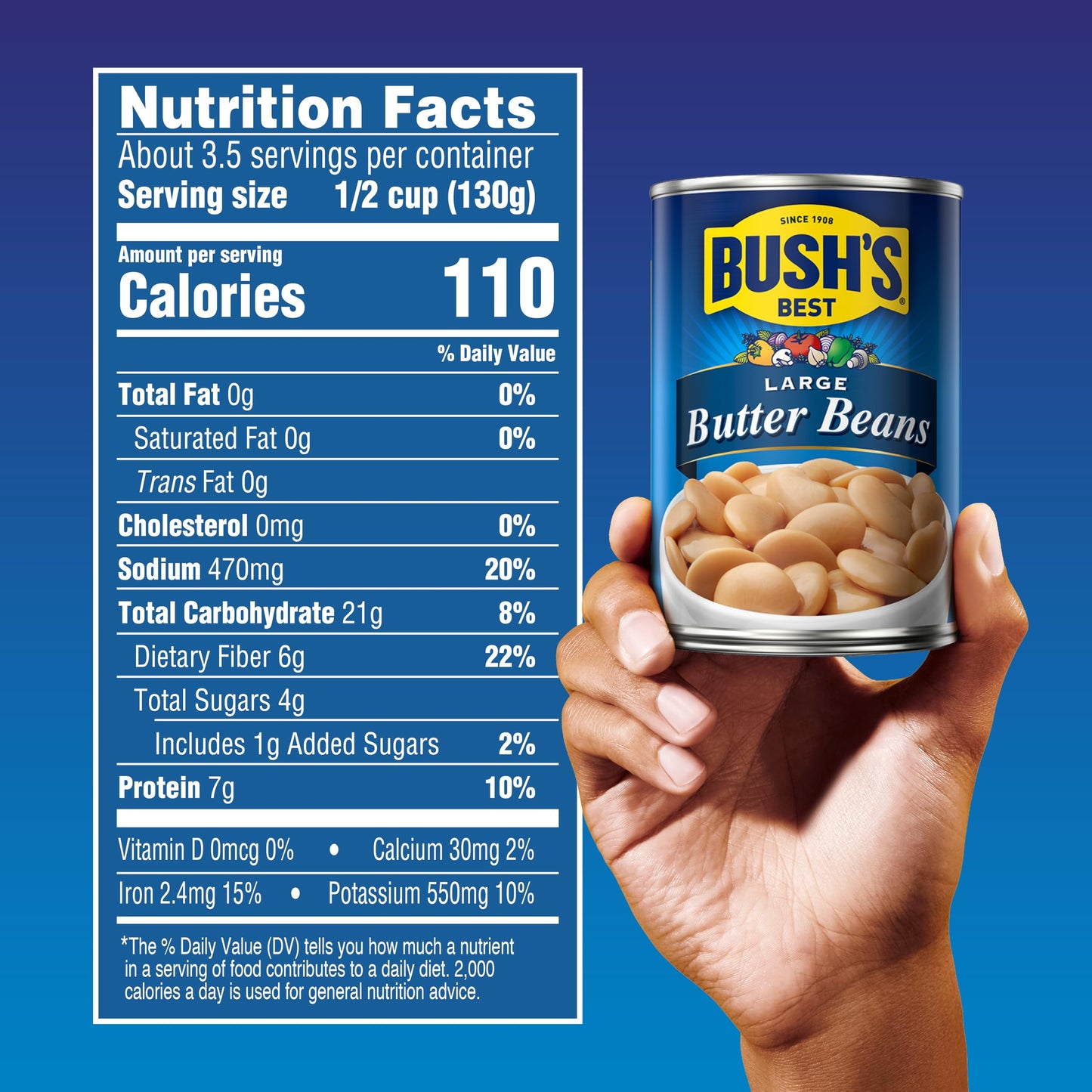 BUSH'S BEST 16 oz Canned Large Butter Beans, Source of Plant Based Protein and Fiber, Low Fat, Gluten Free, (Pack of 12)