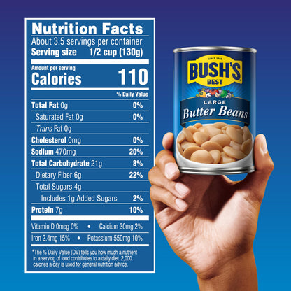 BUSH'S BEST 16 oz Canned Large Butter Beans, Source of Plant Based Protein and Fiber, Low Fat, Gluten Free, (Pack of 12)