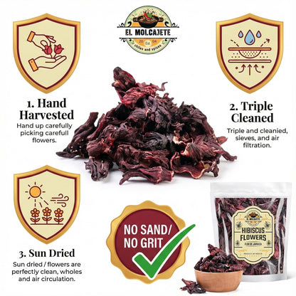 Hibiscus Flowers 4oz – All-Natural & Triple Cleaned for Vibrant Flavor. Whole Soft Flor de Jamaica Petals, Use for Refreshing Hot or Iced Tea, Agua Fresca & More. By El Molcajete