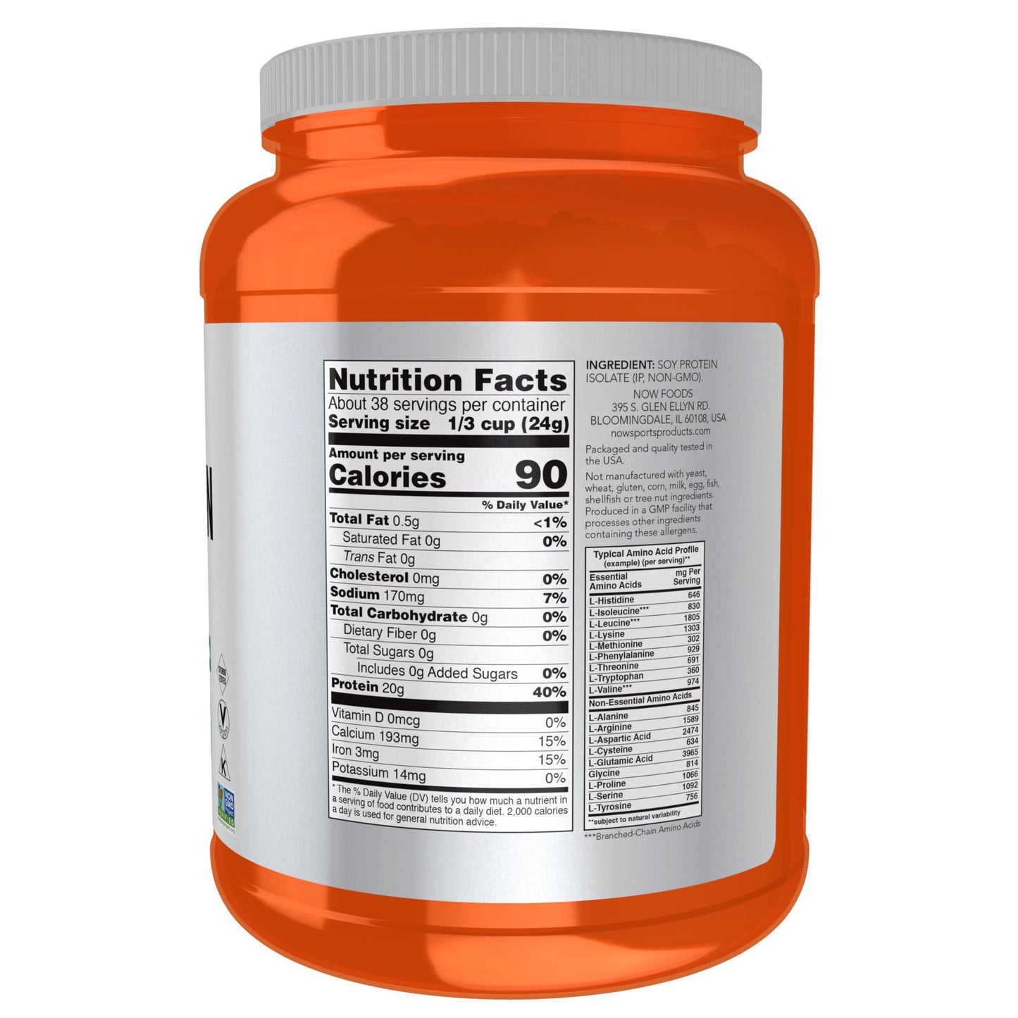 NOW Foods Sports Nutrition, Soy Protein Isolate 20 g, 0 Carbs, Unflavored Powder, 2-Pound