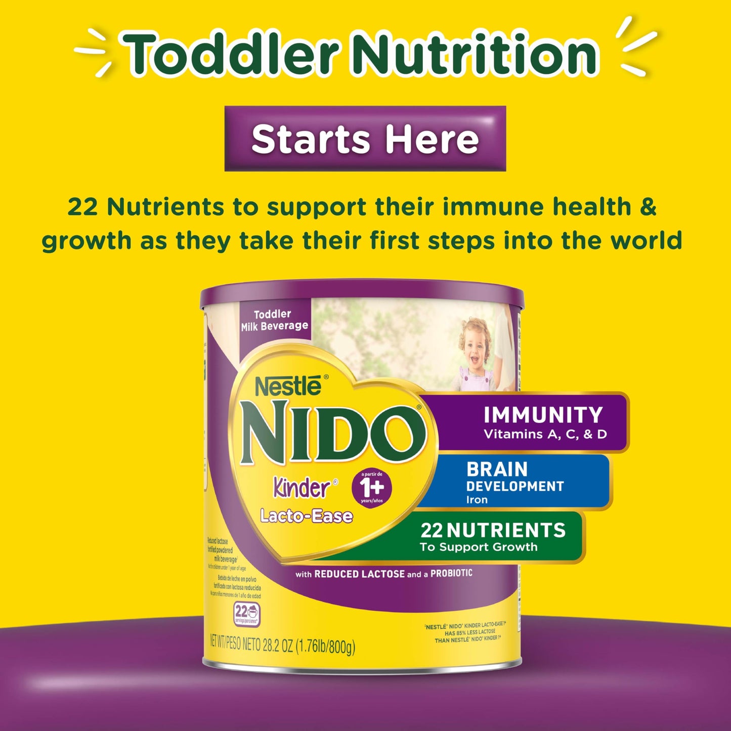 Nestlé NIDO Lacto-Ease Toddler Milk Beverage Powder Mix, Reduced Lactose, Toddler Nutritional Drink, Powdered Milk for Toddlers, 22 Servings per Container, 28.2 OZ, Pack of 1