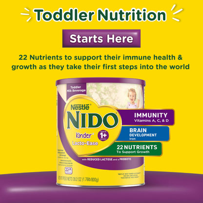 Nestlé NIDO Lacto-Ease Toddler Milk Beverage Powder Mix, Reduced Lactose, Toddler Nutritional Drink, Powdered Milk for Toddlers, 22 Servings per Container, 28.2 OZ, Pack of 1