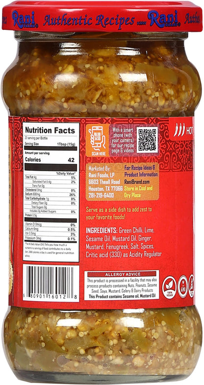 Rani Green Chilli Pickle Hot (Achar, Spicy Indian Relish) 10.5oz (300g) Glass Jar ~ Vegan | Gluten Free | NON-GMO | Kosher | No Colors | Popular Indian Condiment, Indian Origin