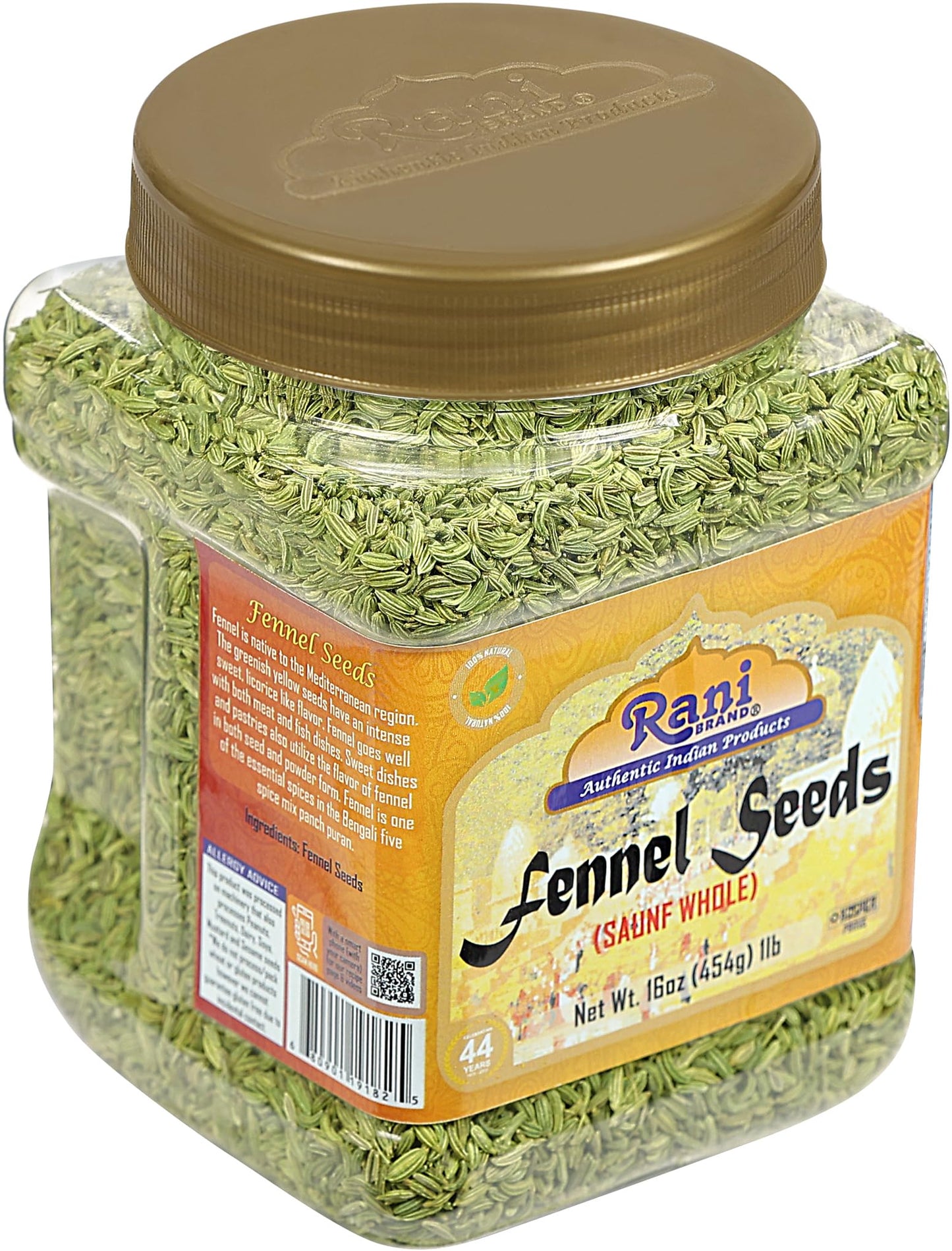 Rani Fennel Seeds (Saunf Sabut) Whole Spice 16oz (1lb) 454g PET Jar ~ All Natural | Gluten Friendly | NON-GMO | Kosher | Vegan | Indian Origin