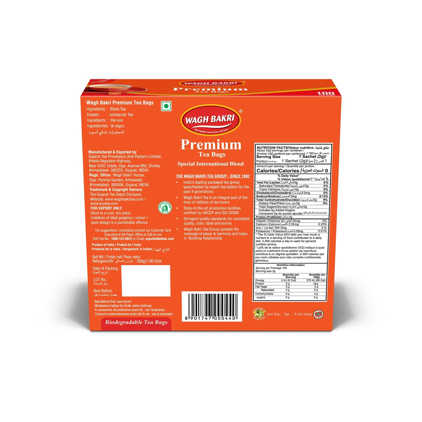 Wagh Bakri Premium Tea Bags, 100 Tea Bags of Special International Blend, 200grams