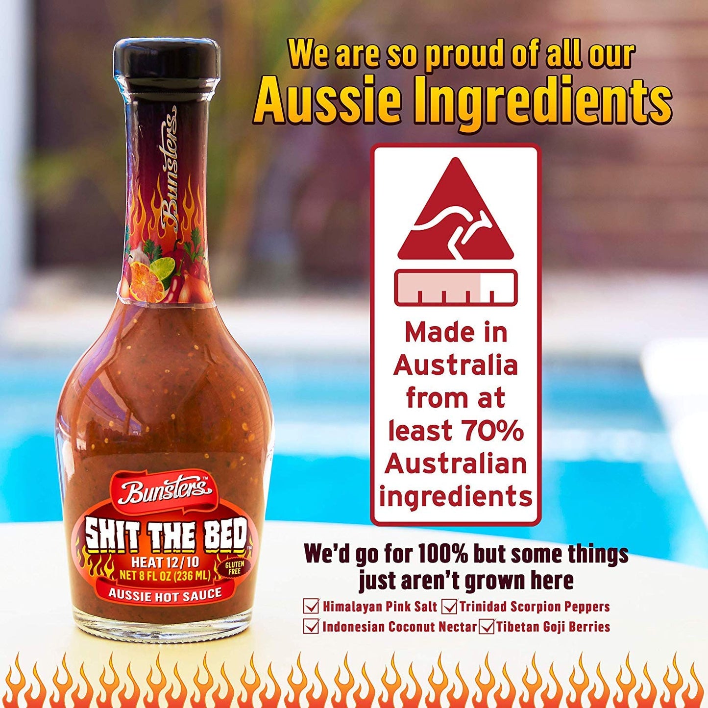 Bunsters Shit The Bed 12/10 Heat Hot Sauce - Chili Pepper with Aussie Fruit and Veg Plant Based, GMO, Gluten Free. The Perfect Hot Sauce Gift.