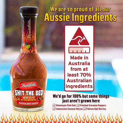 Bunsters Shit The Bed 12/10 Heat Hot Sauce - Chili Pepper with Aussie Fruit and Veg Plant Based, GMO, Gluten Free. The Perfect Hot Sauce Gift.