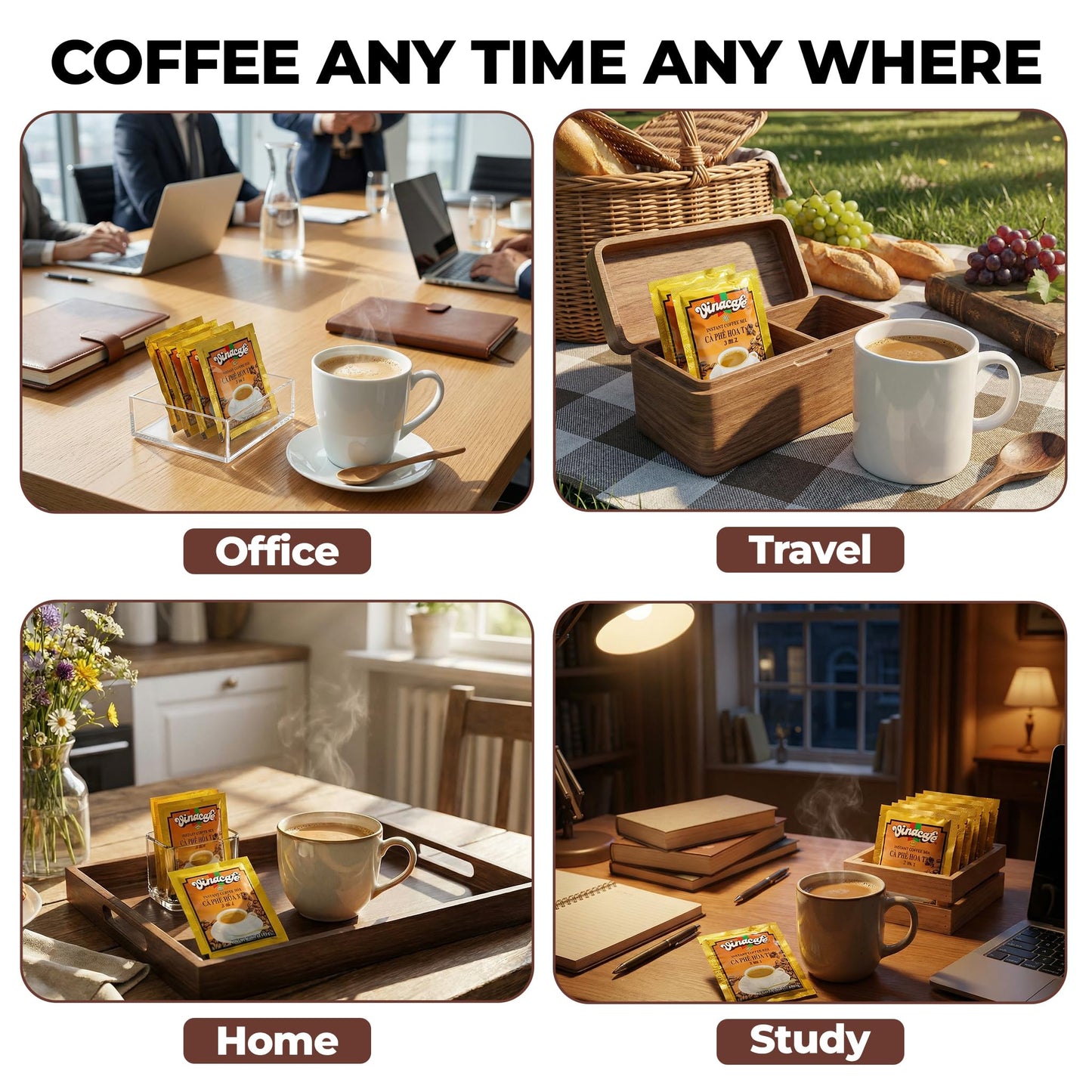 Vinacafe Instant Coffee Packets 3 in 1 Authentic Vietnamese Taste, Balanced Medium Roast Coffee Mix for Quick Preparation at Home, Office or Travel, Single Serve Sachets Pack of 5 | 20 Sachets Per Bag (100 Total Counts)