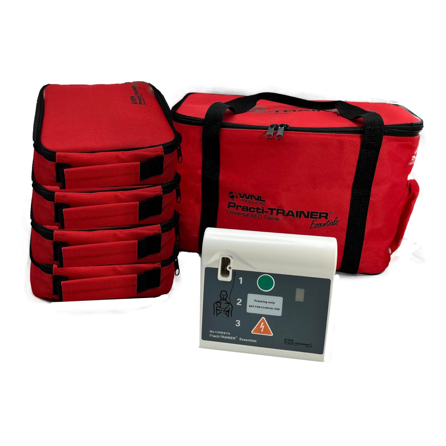 WNL Products WL120ES10, for Training Use Only 4 AED Defibrillators and Carry Bag - Practi-Trainer Essentials Base Model AED Training Kit (4 Units) and Custom Carrying Bag