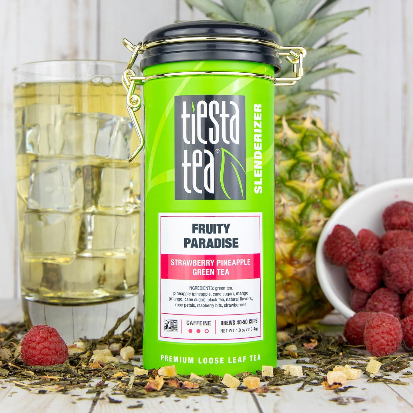 Tiesta Tea - Fruity Paradise, Loose Leaf, Strawberry Pineapple Green Tea, Premium Blend, Medium Caffeinated Green, Make Hot or Iced & Brews Up to 50 Cups, 4oz Refillable Tin