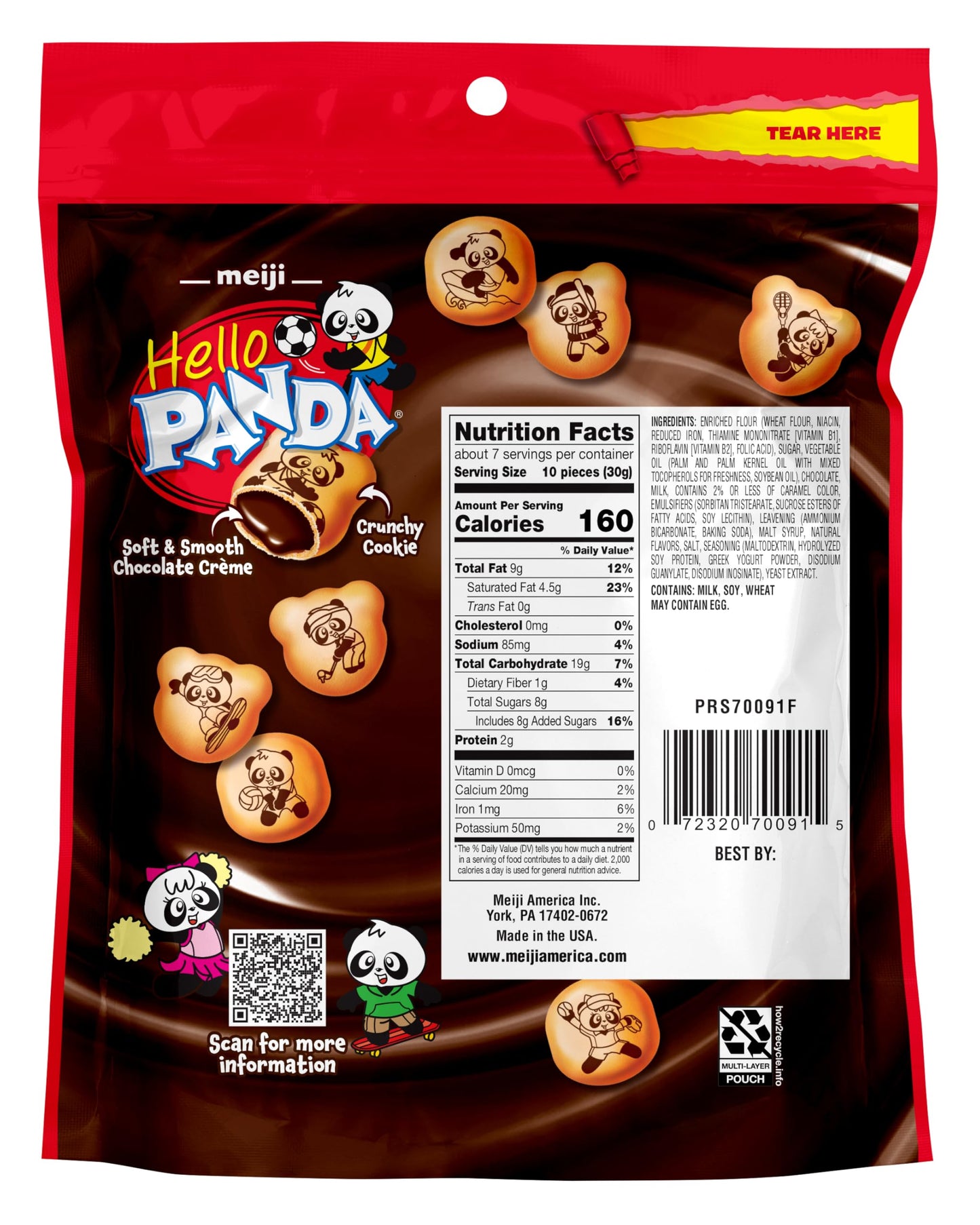Meiji Hello Panda Cookies, Chocolate Crème Filled, Resealable Package - 7 oz, Pack of 6 - Bite Sized Cookies with Fun Panda Sports