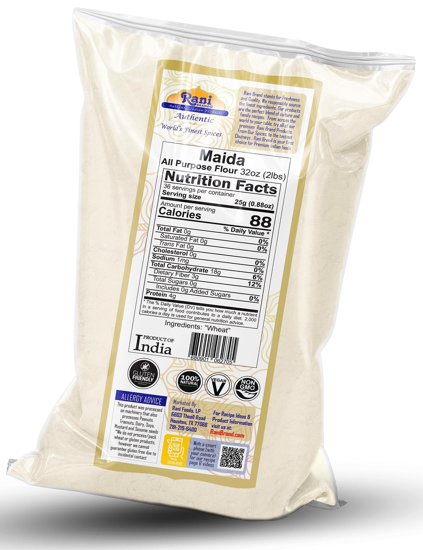 Rani Maida Flour (Indian All Purpose Flour) 32oz (2lbs) 908g ~ All Natural | Vegan | Gluten Friendly | NON-GMO | Kosher | Indian Origin