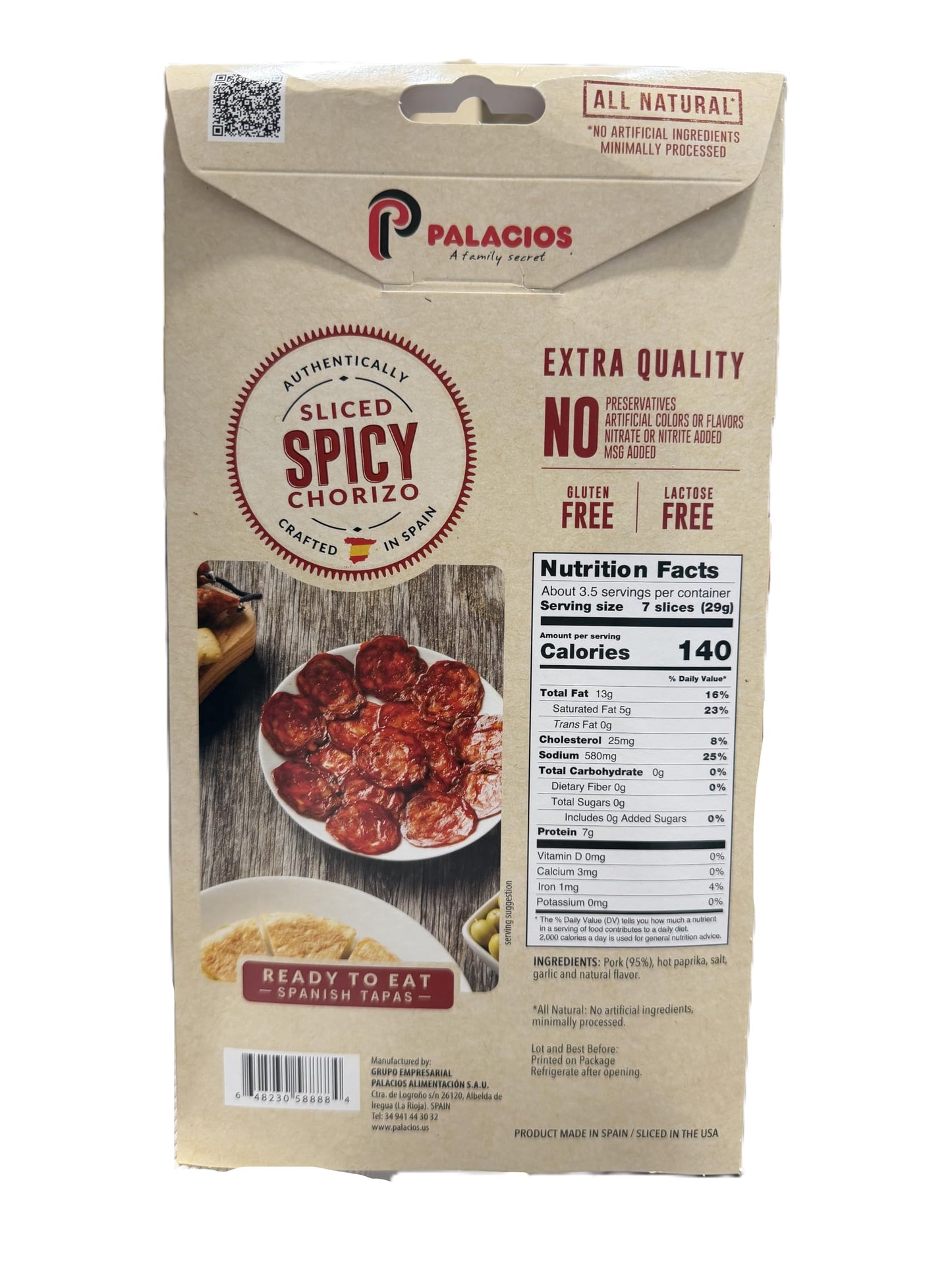 Authentic Spanish sliced spicy chorizo 3.5 ounce Imported from Spain. by Palacios