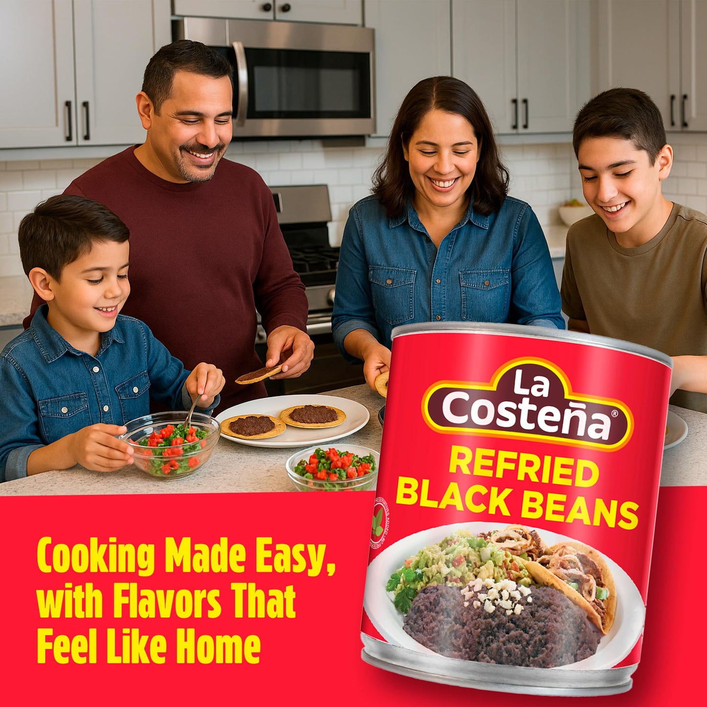 La Costeña Refried Black Beans - Ready-to-Eat Canned Refried Beans for Mexican Food, Mexican Rice, Nacho Bean Dip, Bean Burrito, Burger, Carne Asada, Fajita & Taco Seasoning - 20.5oz, 12 Pack Cans