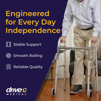 Drive Medical Two-Button Folding Walker w/ Wheels - Lightweight Rolling Mobility Support - Adjustable Height - Dual Push-Button Operation - 5 Inch Front Wheels - Durable Aluminum - Silver