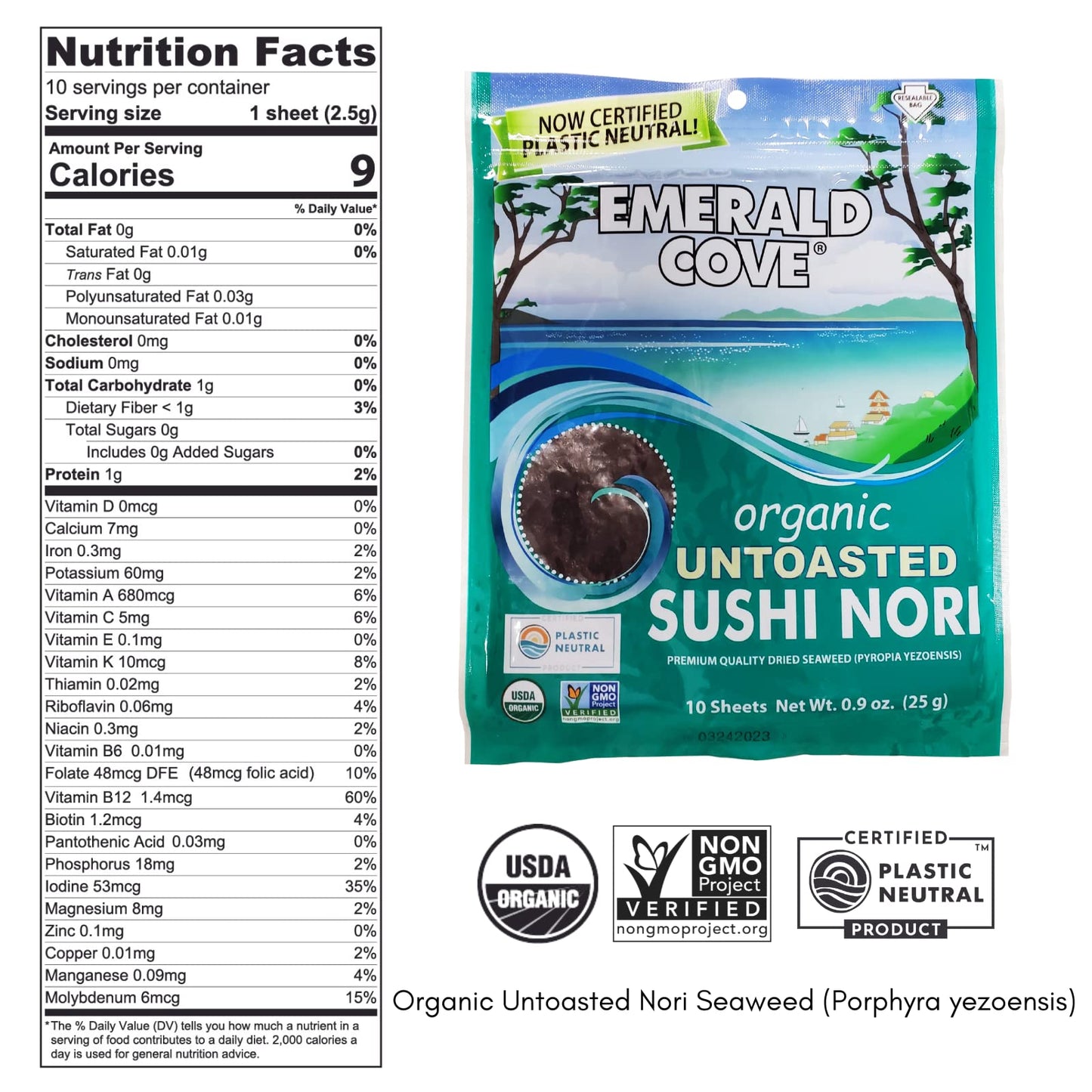 Emerald Cove, Organic Untoasted Nori Sheets Package, 10 Count Sheets, Pacific Nori, 0.9 Oz (Pack of 6)
