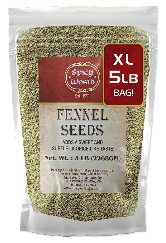 Spicy World Whole Fennel Seeds 5 Pound Bulk - All Natural, Sweet Licorice Flavor and Bright Green Color - Great for Fennel Tea, Snacking, and Cooking!