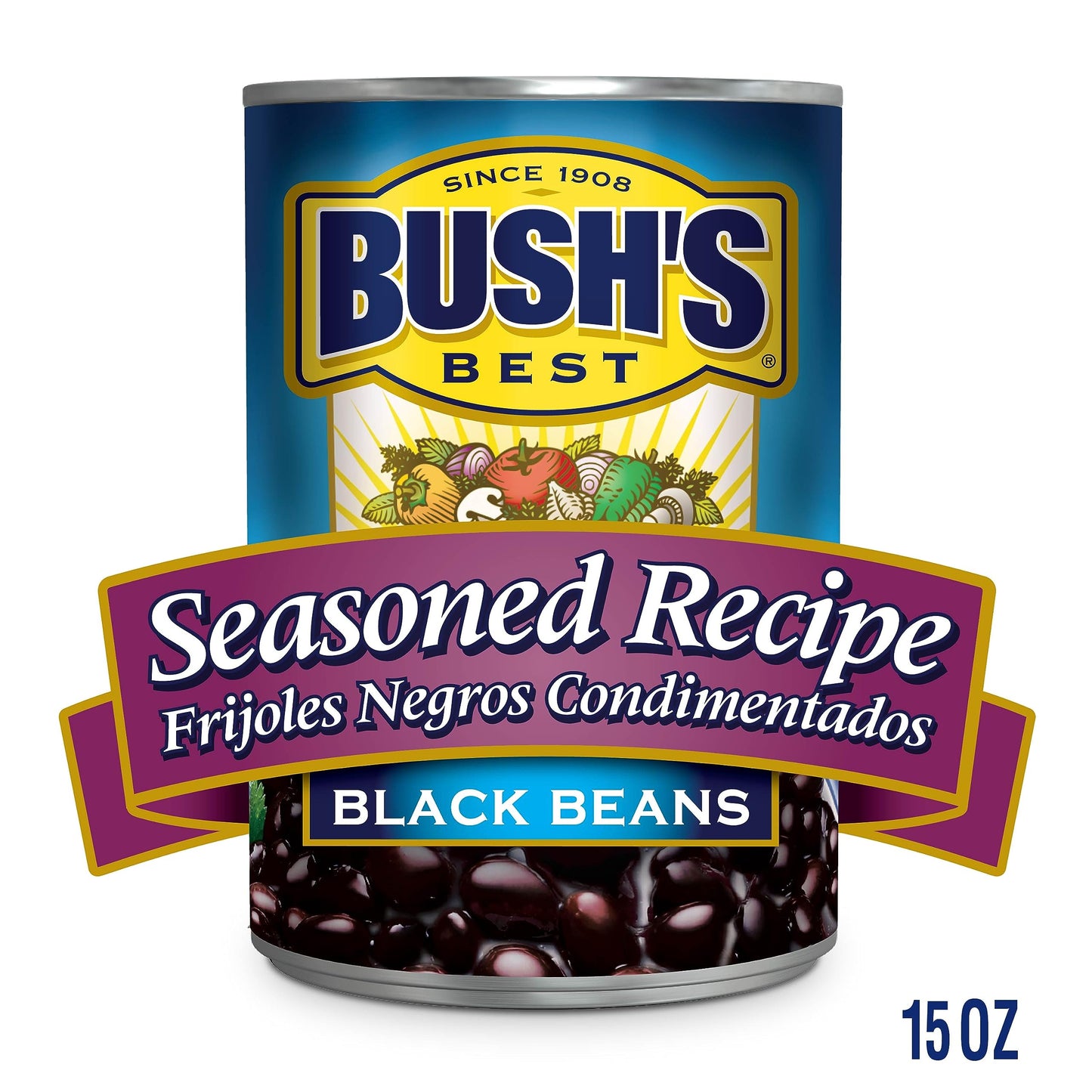 BUSH'S BEST 15 oz Canned Seasoned Recipe Black Beans, Source of Plant Based Protein and Fiber, Low Fat, Gluten Free, (Pack of 12)