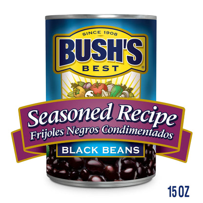 BUSH'S BEST 15 oz Canned Seasoned Recipe Black Beans, Source of Plant Based Protein and Fiber, Low Fat, Gluten Free, (Pack of 12)