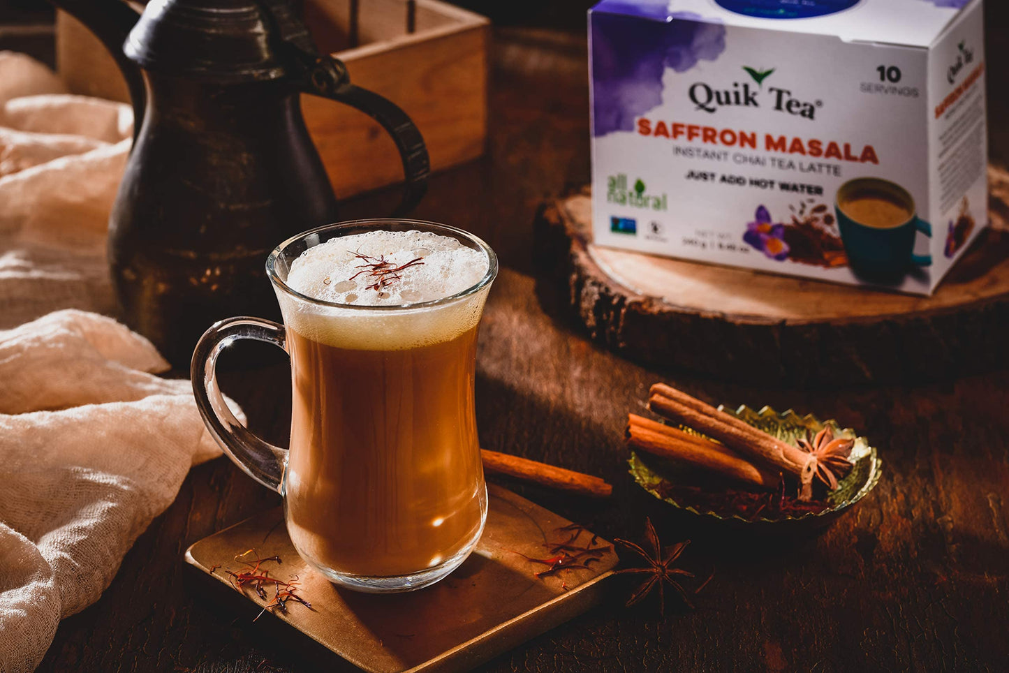 QuikTea Saffron Masala Chai Tea Latte – 10 Count, Bold Saffron Masala Flavor, no preservatives – Just Add Hot Water