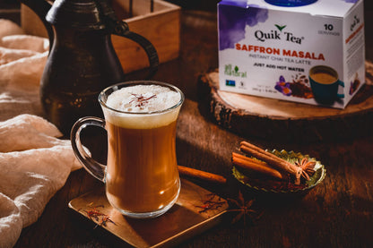QuikTea Saffron Masala Chai Tea Latte – 10 Count, Bold Saffron Masala Flavor, no preservatives – Just Add Hot Water