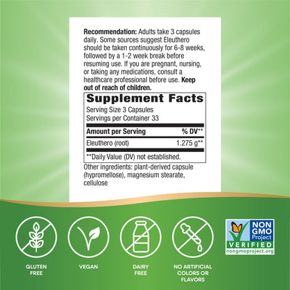 Nature's Way Premium Herbal Siberian Eleuthero Root Supplement, Supports Endurance & Vitality*, Adaptogen*, 1,275mg per 3-Capsule Serving, Non-GMO Project Verified, 100 Capsules (Packaging May Vary)