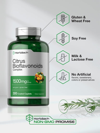 Horbäach Citrus Bioflavonoids Supplement | 1500mg | 300 Caplets | Vegetarian, Non-GMO, and Gluten Free Formula | Value Size