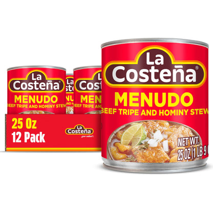 La Costeña Menudo Mix - Classic Mexican Food with Beef Stock, Hominy Corn & Mexican Seasoning - Canned Beef Tripe for Chunky Soup - Pantry Staples - Ready to Eat Shelf Stable Food - 25 oz, 12 Pack