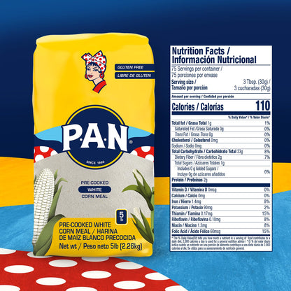 P.A.N. White Corn Meal – Pre-cooked Gluten Free and Kosher Flour for Arepas (5 lb/Pack of 1)