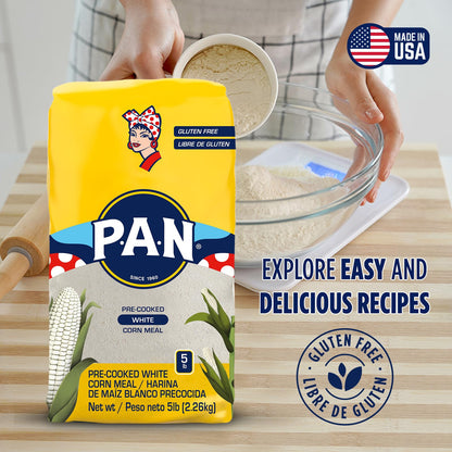 P.A.N. White Corn Meal – Pre-cooked Gluten Free and Kosher Flour for Arepas (5 lb/Pack of 1)