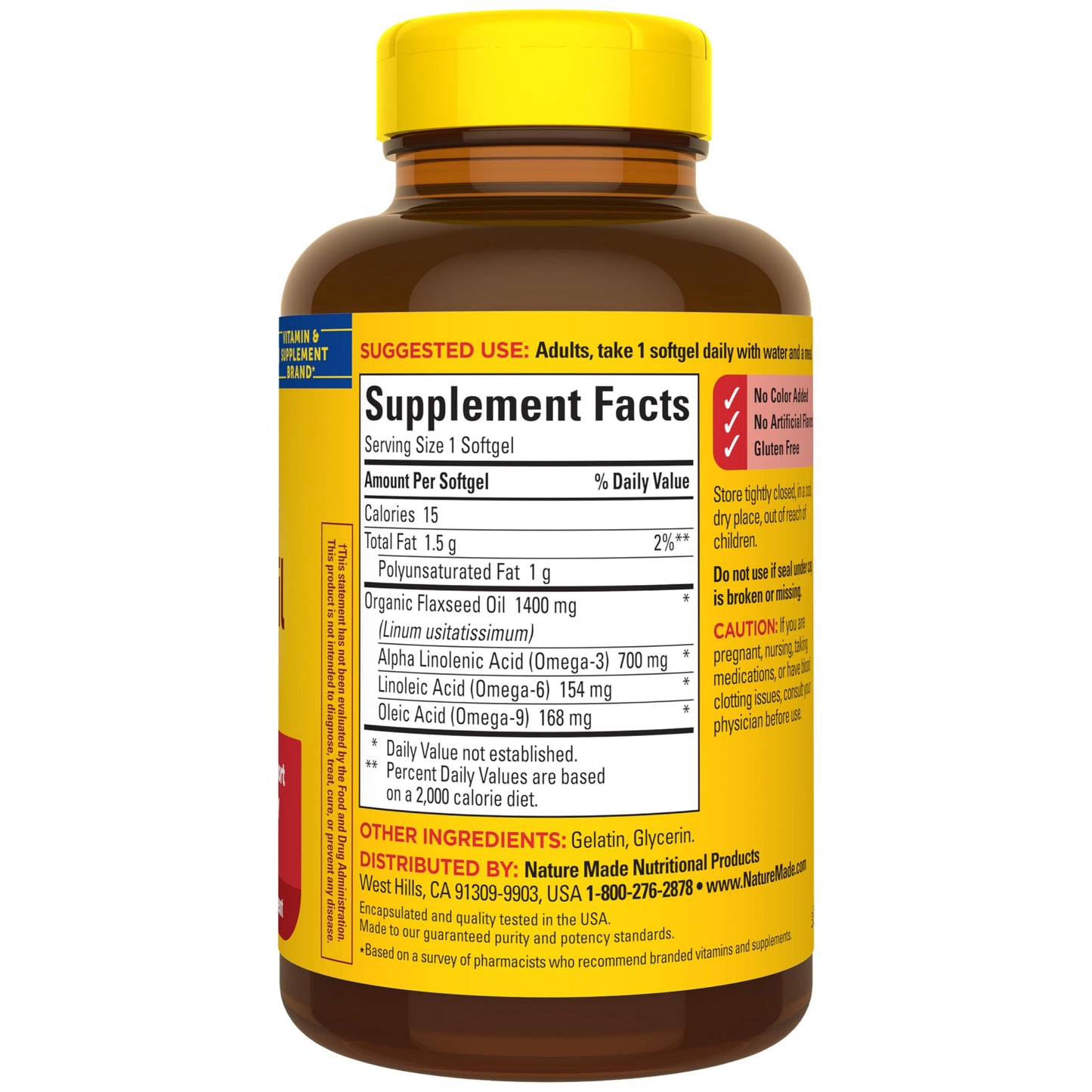 Nature Made Extra Strength Flaxseed Oil 1400 mg, Fish Free Omega 3 Supplement, Dietary Supplement for Heart Health Support, 100 Softgels, 100 Day Supply
