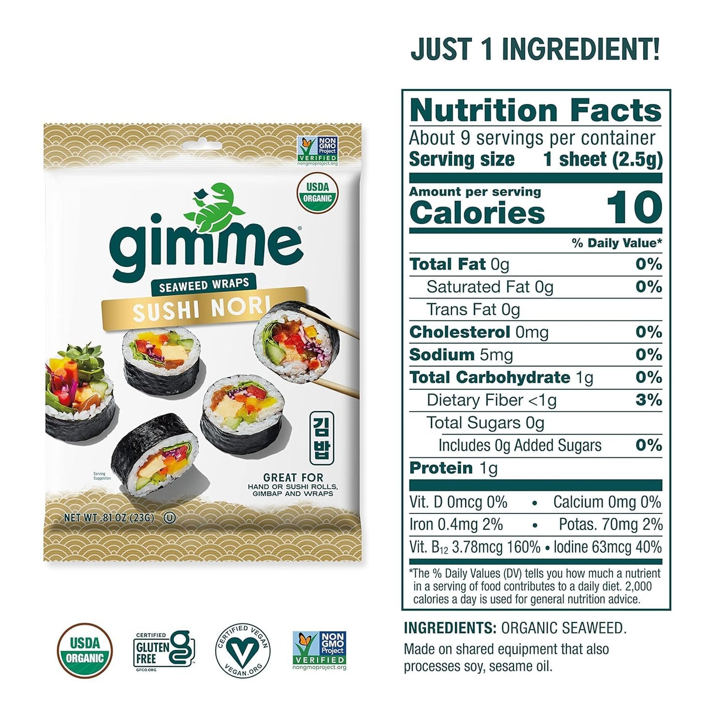 Gimme Seaweed Sushi Nori Premium Organic Roasted Seaweed Sheets, Keto, Vegan, Gluten-Free, Restaurant-style Sushi Nori Sheets 0.81 Ounce (Pack of 1)