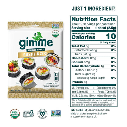 Gimme Seaweed Sushi Nori Premium Organic Roasted Seaweed Sheets, Keto, Vegan, Gluten-Free, Restaurant-style Sushi Nori Sheets 0.81 Ounce (Pack of 1)