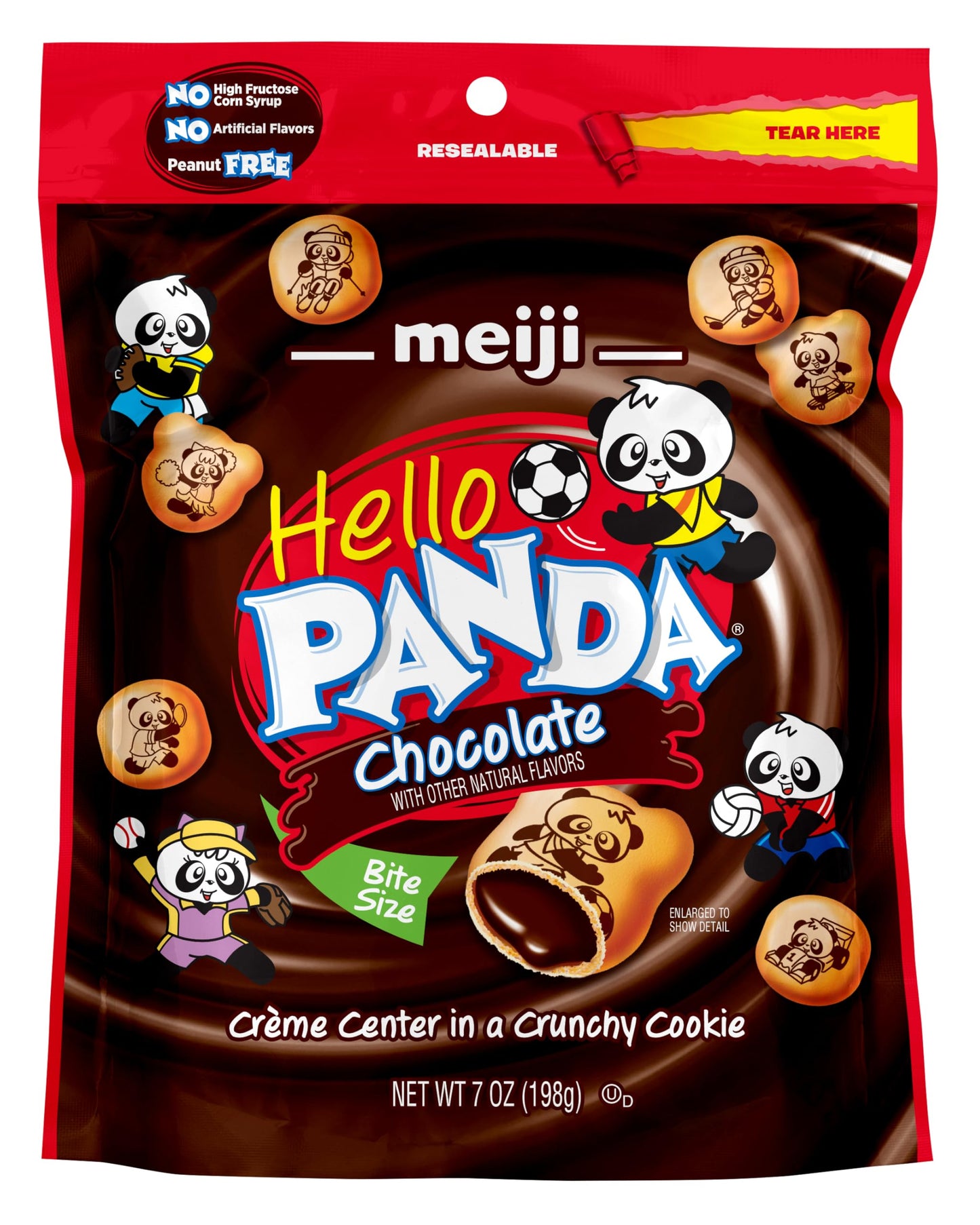 Meiji Hello Panda Cookies, Chocolate Crème Filled, Resealable Package - 7 oz, Pack of 6 - Bite Sized Cookies with Fun Panda Sports