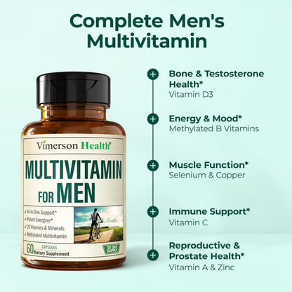 Multivitamin for Men with Methylated Vitamins and Chelated Minerals for Energy, Focus and Immune Health – Premium Daily Mens Multivitamins & Multiminerals – 60 Capsules