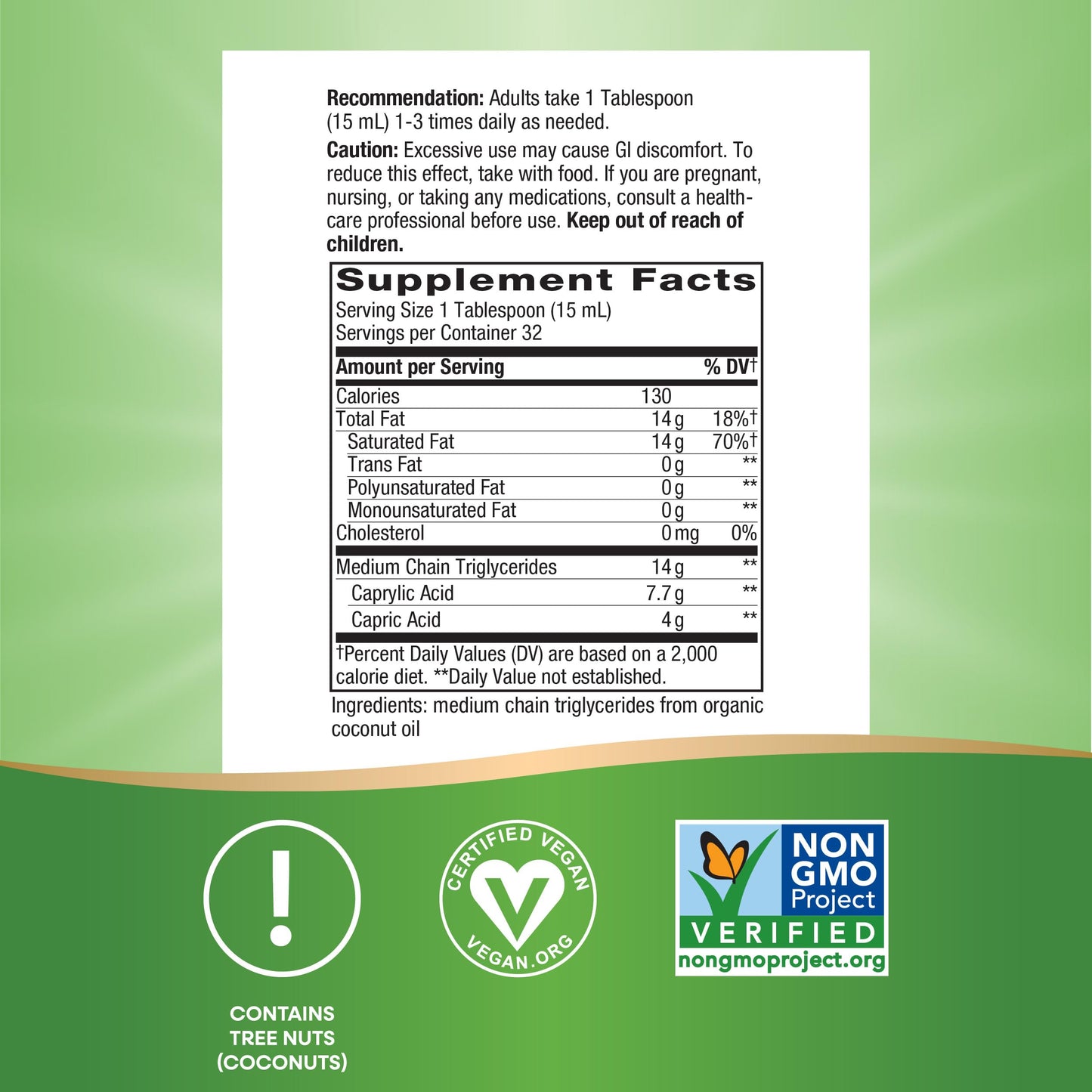 Nature’s Way Organic MCT Oil, Brain and Body Fuel*, Liquid Coconut MCT Oil with C8 Caprylic & C10 Capric Acids, 14 g Medium Chain Triglycerides per Serving, Keto & Paleo Certified, Non-GMO, 16 Fl Oz