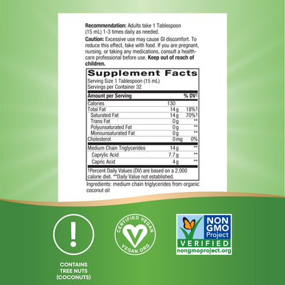 Nature’s Way Organic MCT Oil, Brain and Body Fuel*, Liquid Coconut MCT Oil with C8 Caprylic & C10 Capric Acids, 14 g Medium Chain Triglycerides per Serving, Keto & Paleo Certified, Non-GMO, 16 Fl Oz