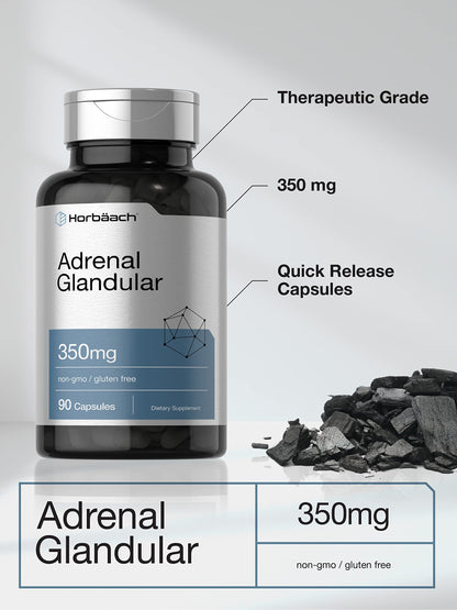 Horbäach Raw Adrenal Glandular | 350 mg | 90 Capsules | Non-GMO, Gluten Free Supplement
